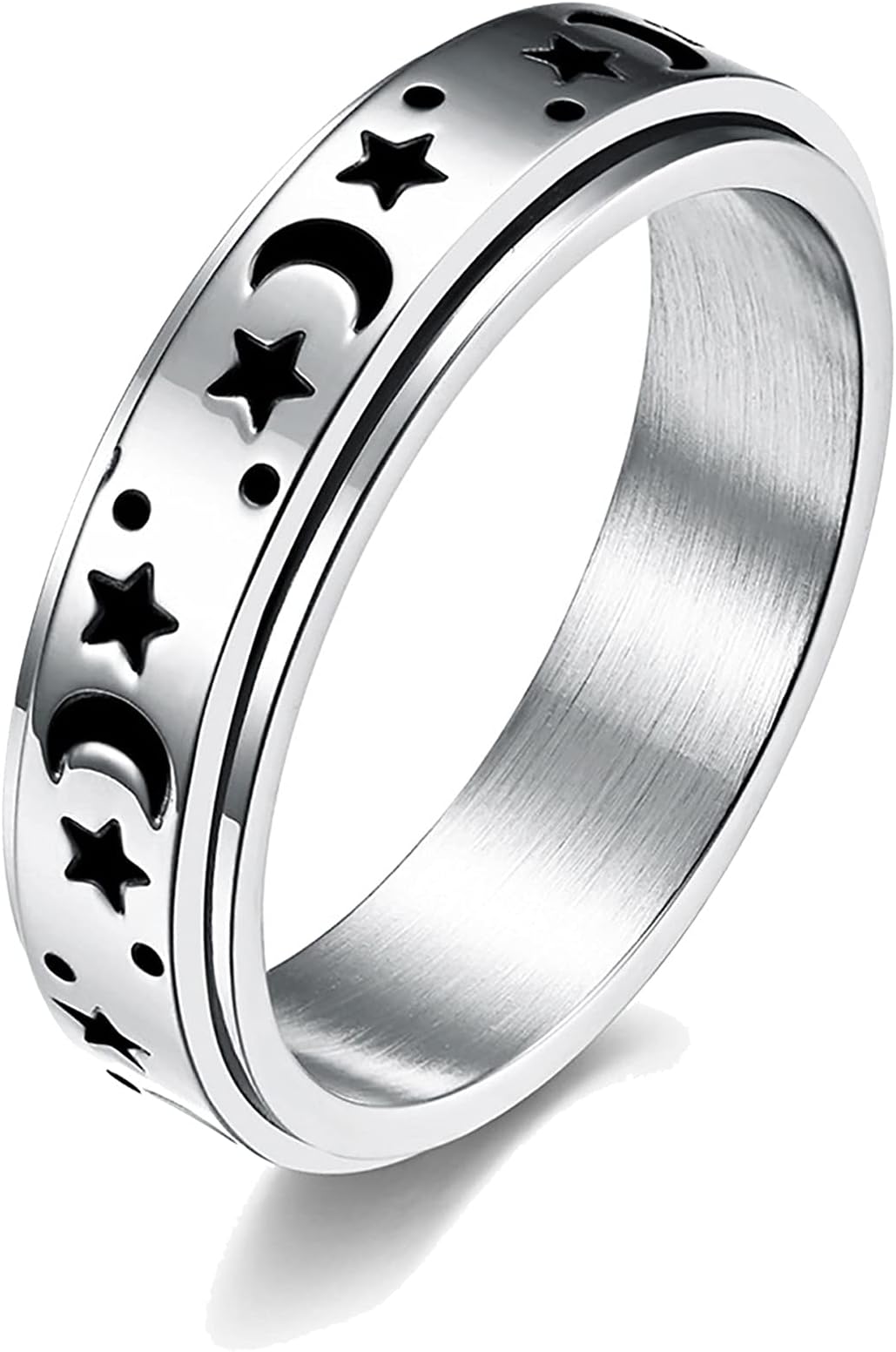 Titanium Stainless Steel Spinner Ring Anxiety Rings for Women Men 6/8mm Star Moon Fidget Ring Cat Stress Relief Spining Ring Silver Gold Black Plated Anti-Anxiety Ring Promise Band Silver5