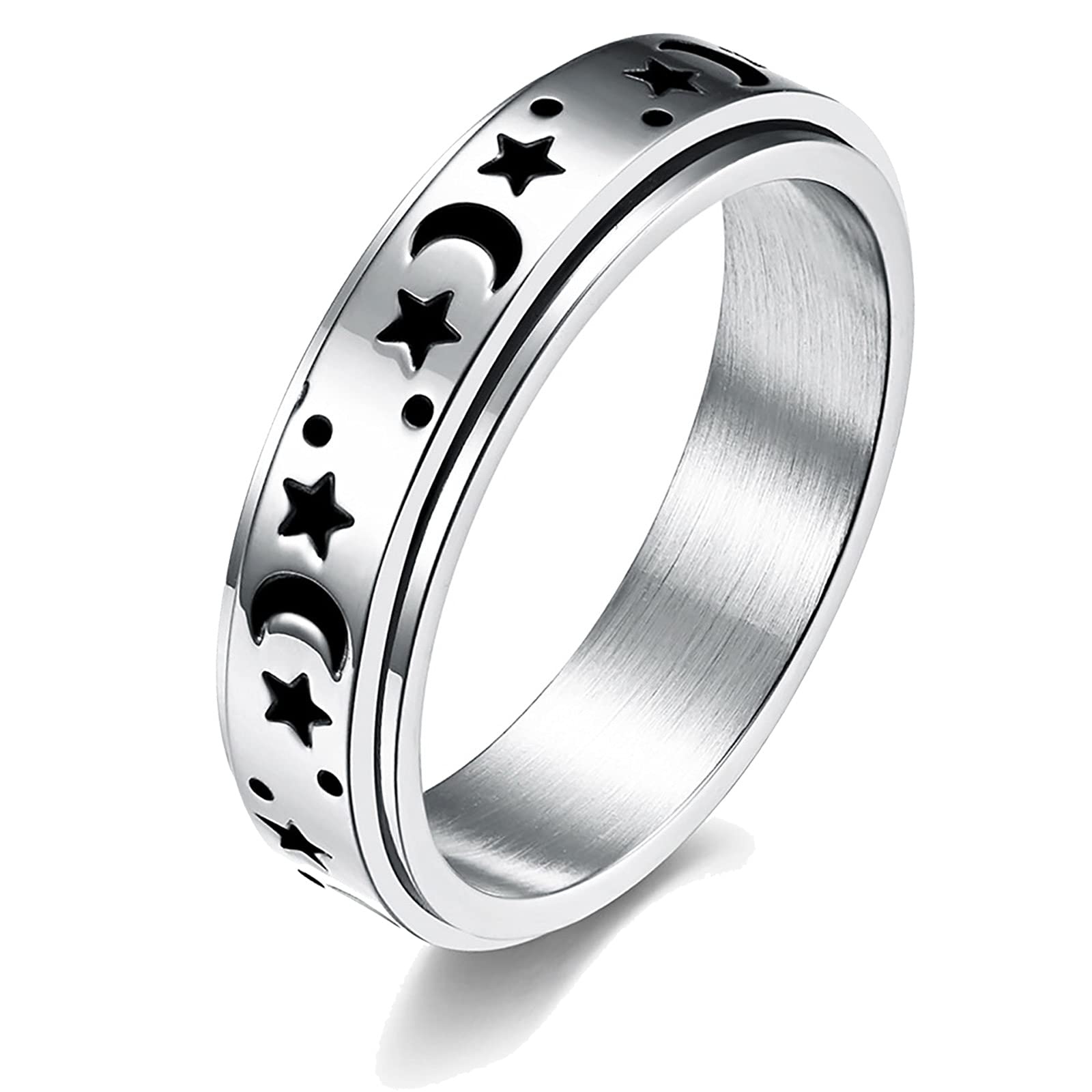 yfstyleTitanium Stainless Steel Spinner Ring Anxiety Rings for Women Men 6/8mm Star Moon Fidget Ring Cat Stress Relief Spining Ring Silver Gold Black Plated Anti-Anxiety Ring Promise Band Silver5