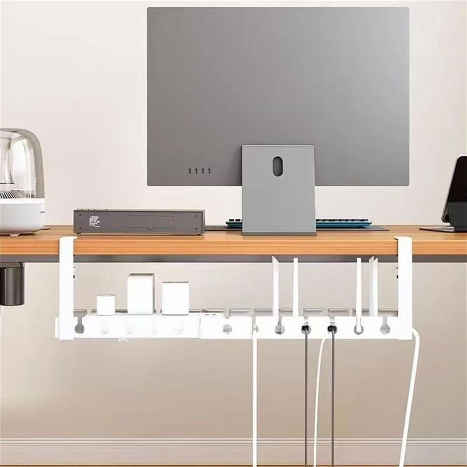 Bandeja Gestion Cables Estante de almacenamiento debajo la Mesa, bandeja gestión cables Metal sin perforación, organizador for escritorio oficina en casa, tira alimentación retráctil(Black 43-74cm)