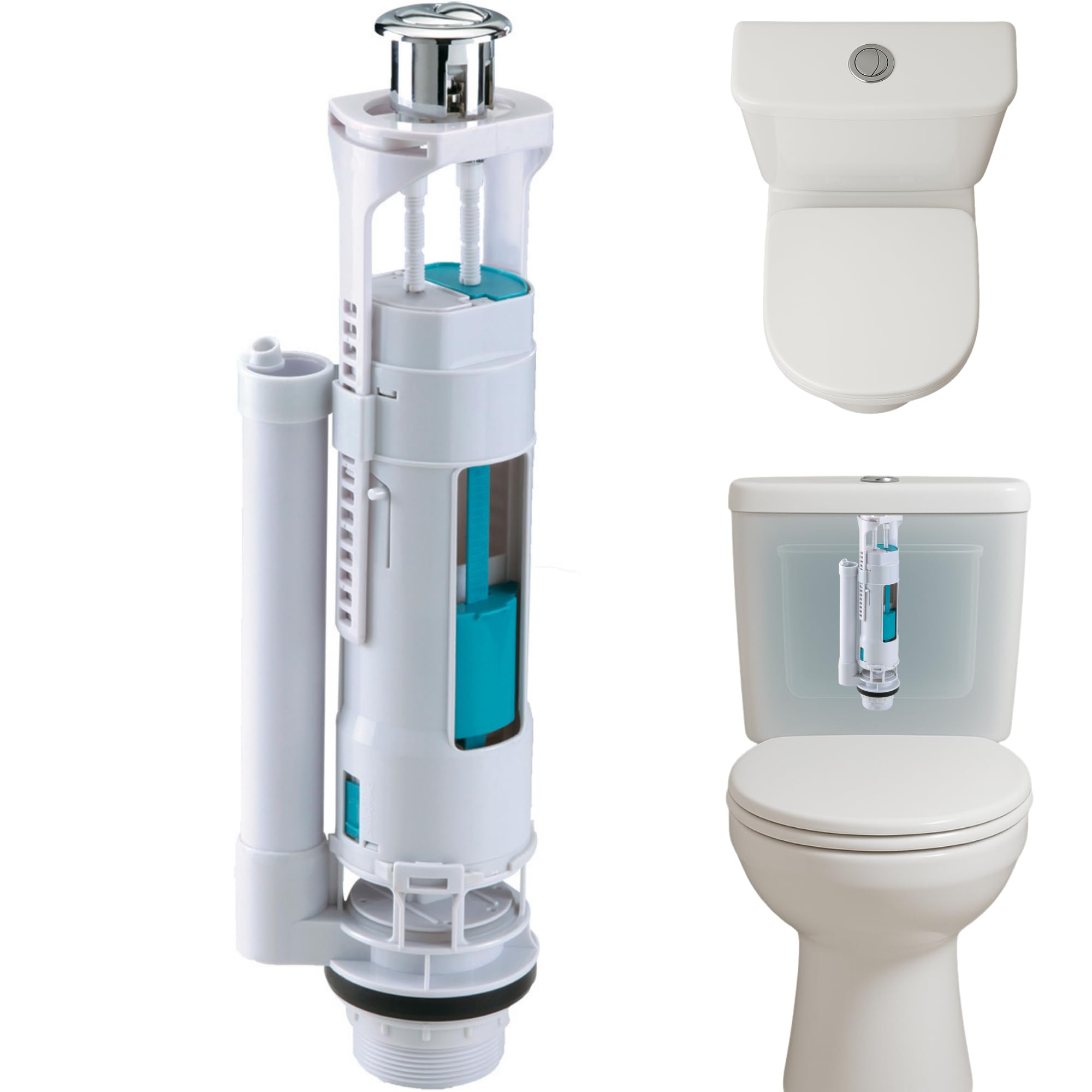 BriTools Descarga Universal para Cisterna WC Orificio 60 mm y Altura Ajustable | Compatible con Inodoros Roca y Estándar – Pulsador Doble, Fácil Instalación y Ahorro de Agua
