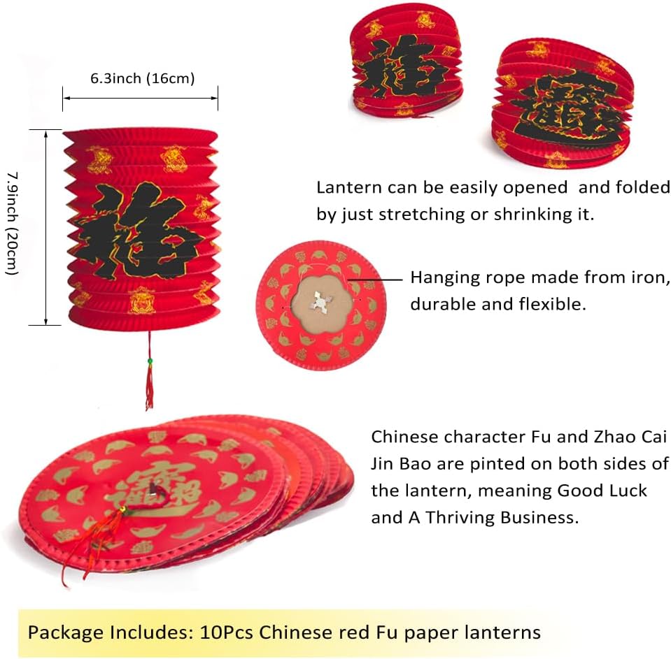 10PCS Chinese New Year Decorations 2026 Red Chinese Hanging Paper Lanterns Lucky Fu 6.3inch Hanging Red Paper Lamps for Lunar New Year Decorations 2026 Asian Hibach Spring Festival Party Decor image 2