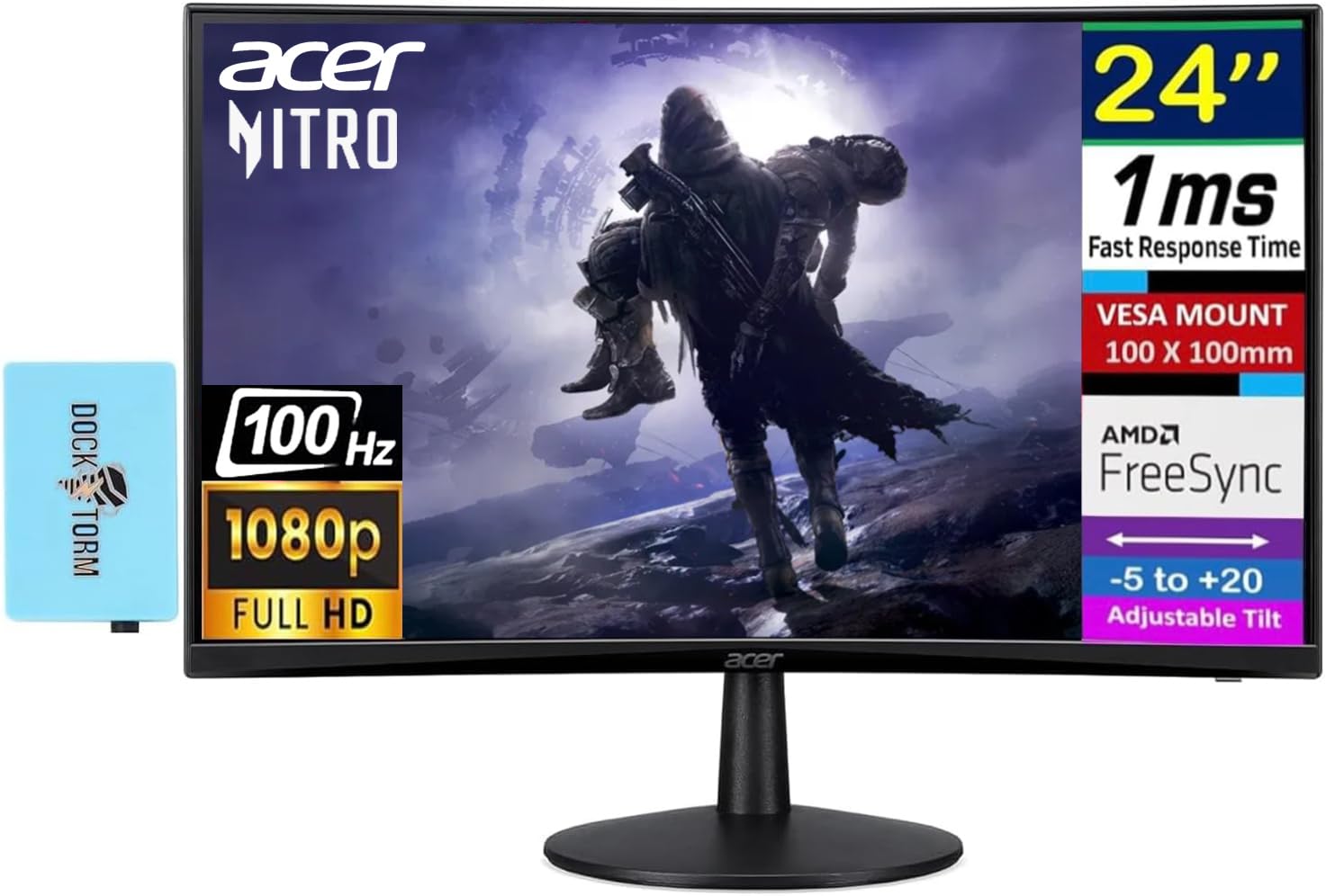Acer Nitro ED240Q FreeSync FHD 1500R Curve Monitor ZeroFrame Design with 1ms Response Time, VESA Mount (100mm), VGA, HDMI & Dockztorm USB Port