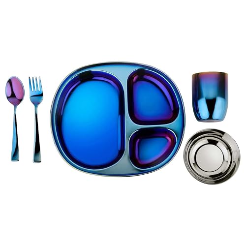Ahimsa Stainless Steel Kids Dinnerware Set, Iridescent Blue, 5-Piece Set