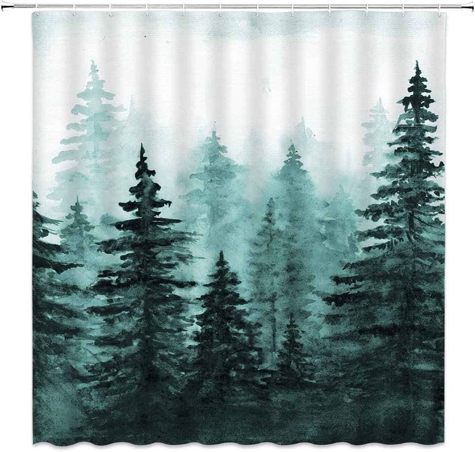 Rustic Forest Shower Curtain Watercolor Pine Trees Abstract Oil Painting Foggy Woods Fantasy Nature Landscape Bathroom Decor Fabric Bathroom Sets with Hooks,Green