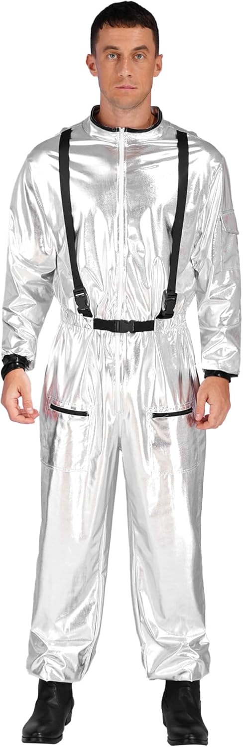 iiniim Adult Shiny Astronaut Space Suit Costume Halloween Metallic Space Man Cosplay Outfits Bodysuit