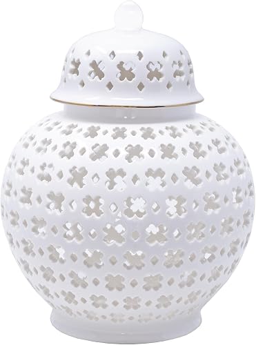 Lilly Pulitzer White Ceramic Ginger Jar with Lid, Lattice | 10" Tall Coastal Resort Decor, Lattice Cutout Vase or Decorative Jar for Home Decor with Lid with Gold Foil Accents