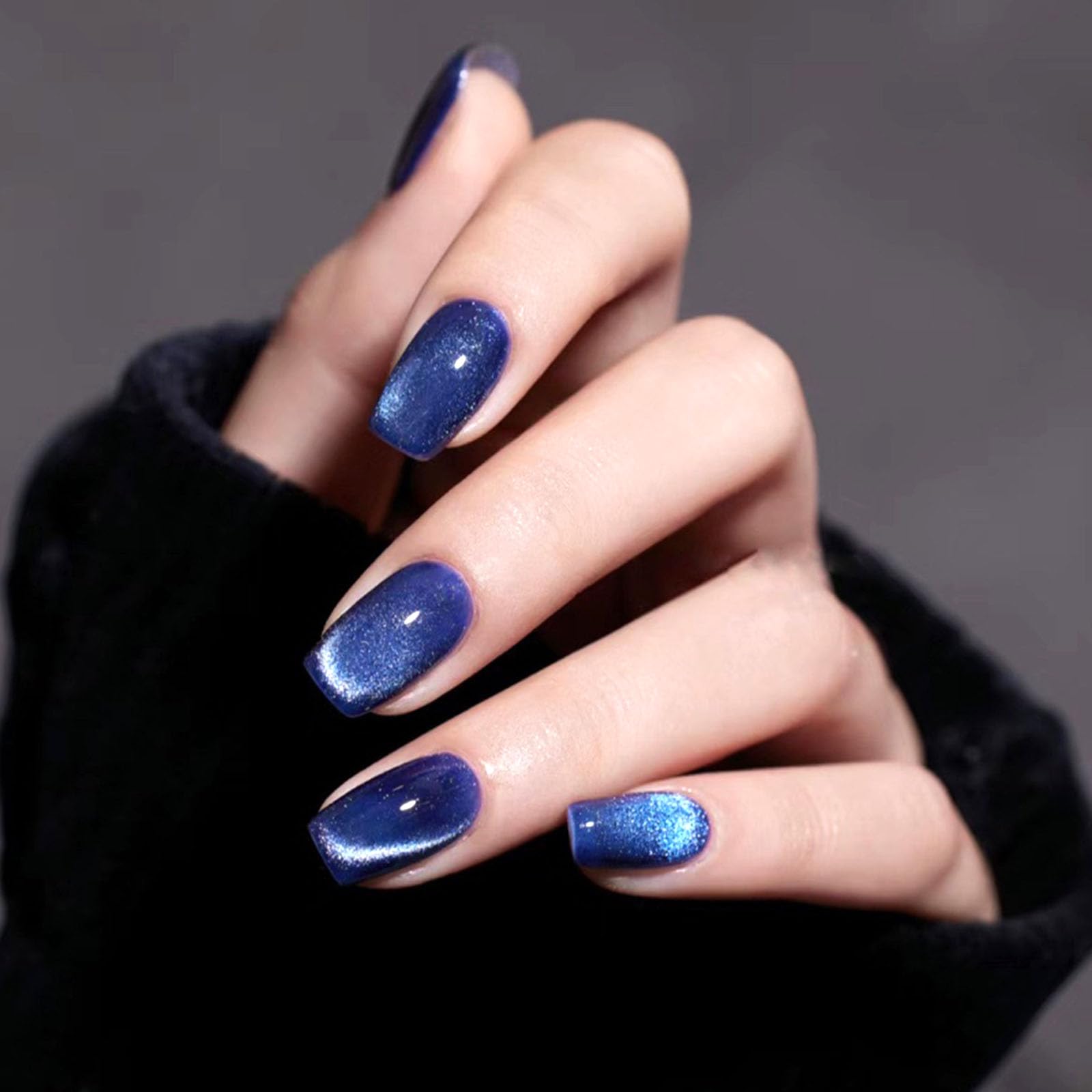 Blue Medium Press on Nails Square Cat Eye Fake Nails Gel Glitter Glue on Nails Press ons Blue Full Cover Acrylic False Nails Glossy Stick on Nails for