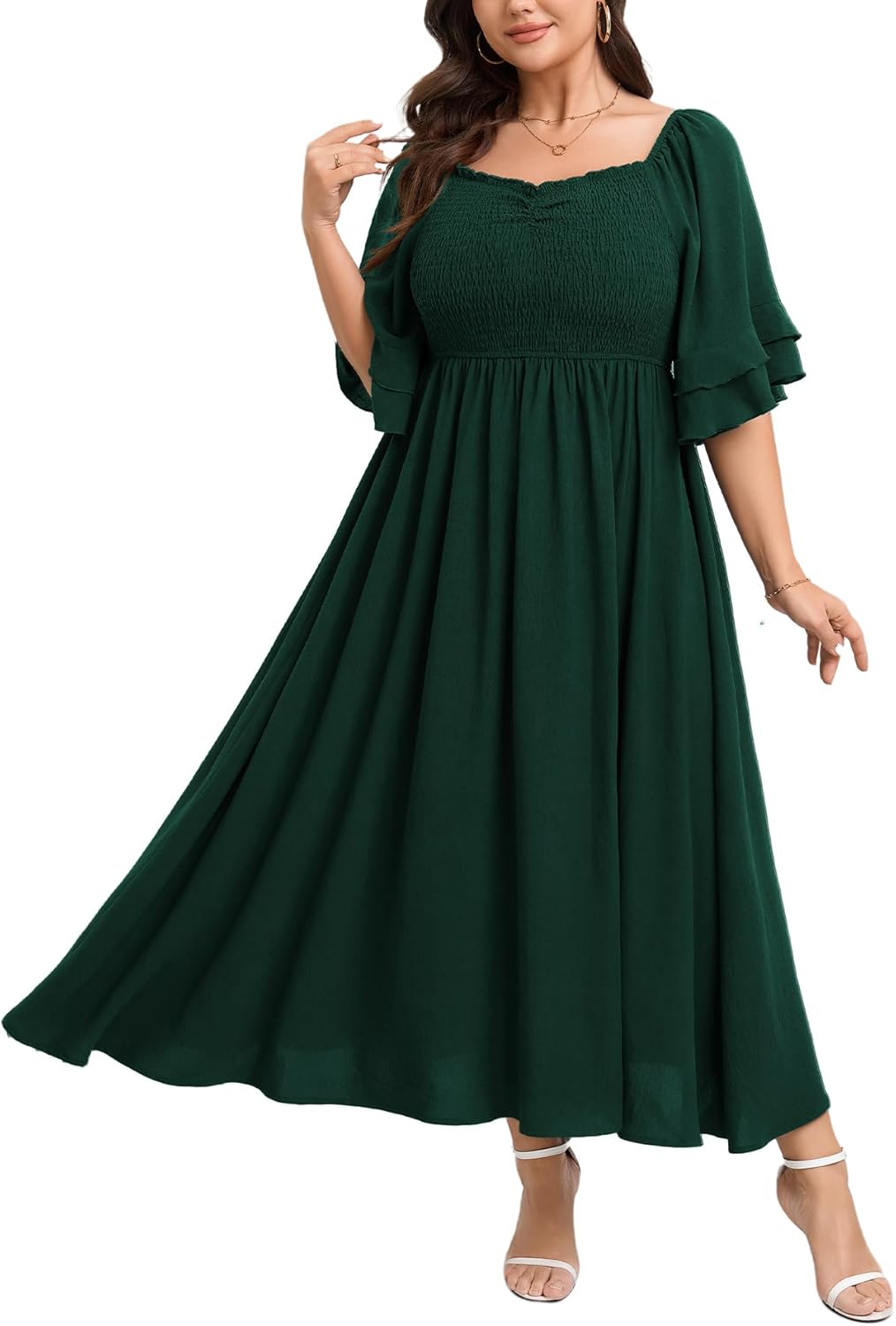SCOMCHIC Womens Plus Size Maxi Dresses Smocked Square Neck Short Sleeve Wedding Guest Formal Flowy A-Line Long Dress