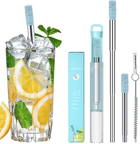 Miniatura 2 de Hoshen Paquete de 2 popotes de metal plegables reutilizables, popote telescópico portátil para viajes al aire libre, incluye punta de silicona,