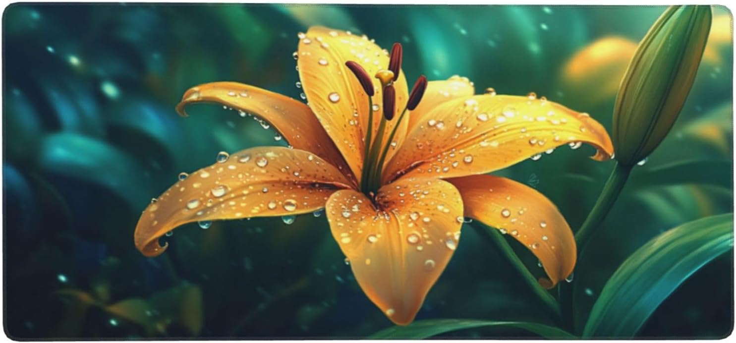 マウスパッド 黄色 XXL 700 x 300 x 4mm 花 大型ゲーミング エッジステッチ 滑り止めゴム台座 オフィス適用 デス