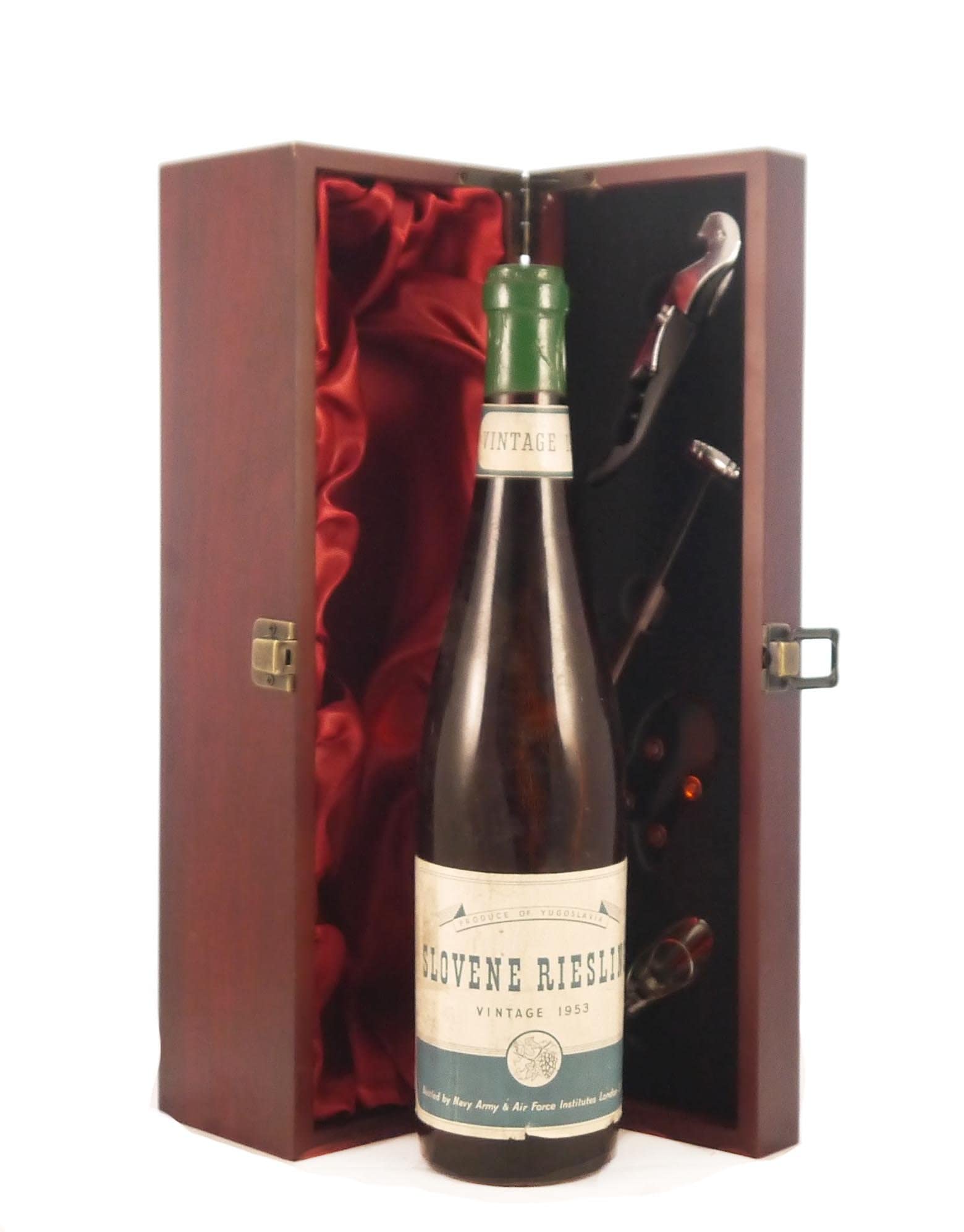 Slovene Riesling 1953 vintage wine in a silk lined wooden box with four wine accessories, 1 x 700ml