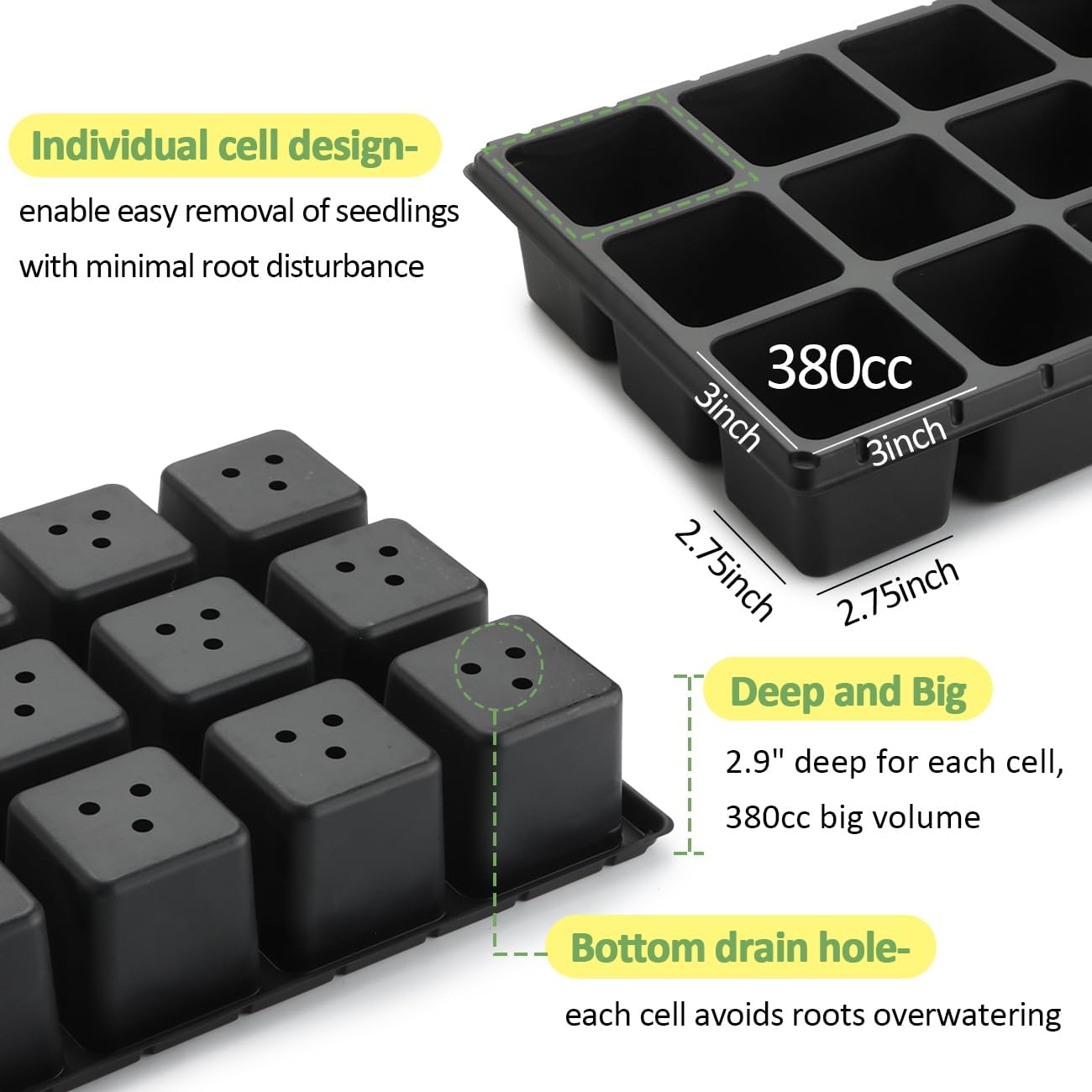 3 Inch Square Pots 2.9" Deep 18 Cell Seedling Trays with Water Collection Nursery 1020 Trays No Holes for Seeds Starting and Transplanting (20"x10",10 Sets)