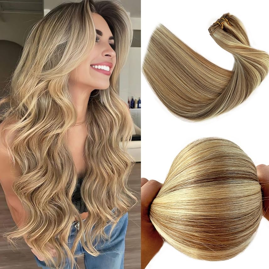 Highlight Weft Hair Extensions Real Human Hair Balayage Sew in Weft Hair Extensions 14 Inch 80g Dark Brown to Light Brown Ombre with Blonde Ombre