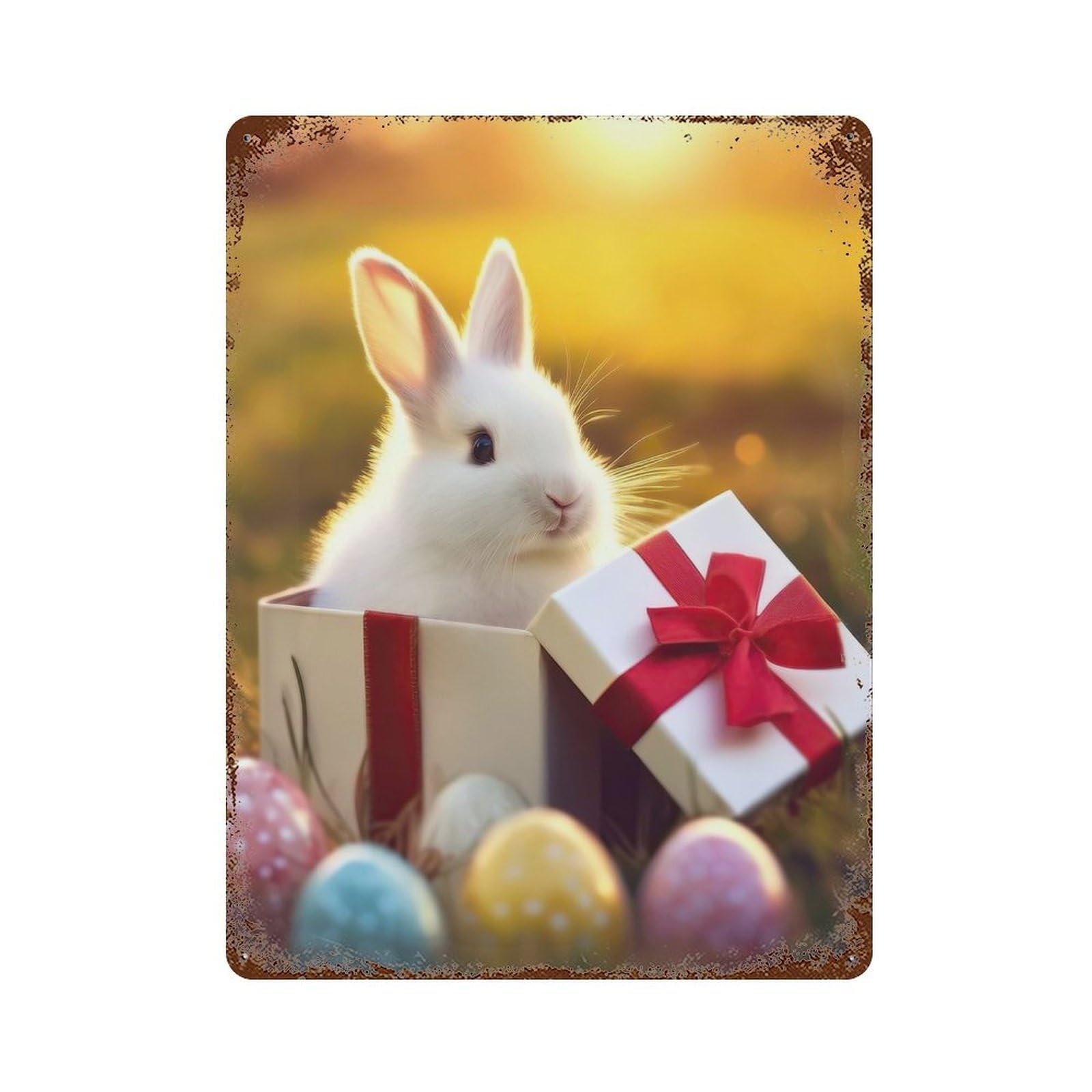 Easter Bunny Gift Box Rusty Metal Tin Sign 15.7"x11.8", Vintage Wall Decor for Garage, Pub Or Kitchen