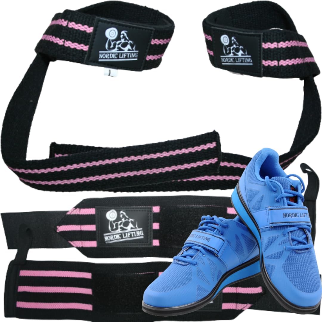 Wrist Wraps and Lifting Straps Bundle - Pink Bundle with Shoes Megin Size 8 - Blue