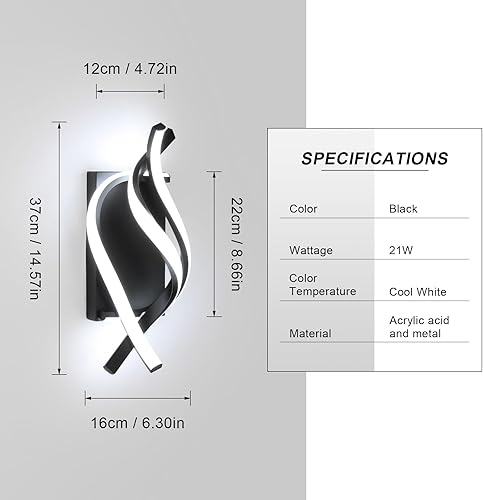 Vista 41 de DELIPOP Apliques de pared, moderno aplique de pared LED en espiral, 6500 K, luz blanca fría para interiores, lámpara de pared LED acrílica