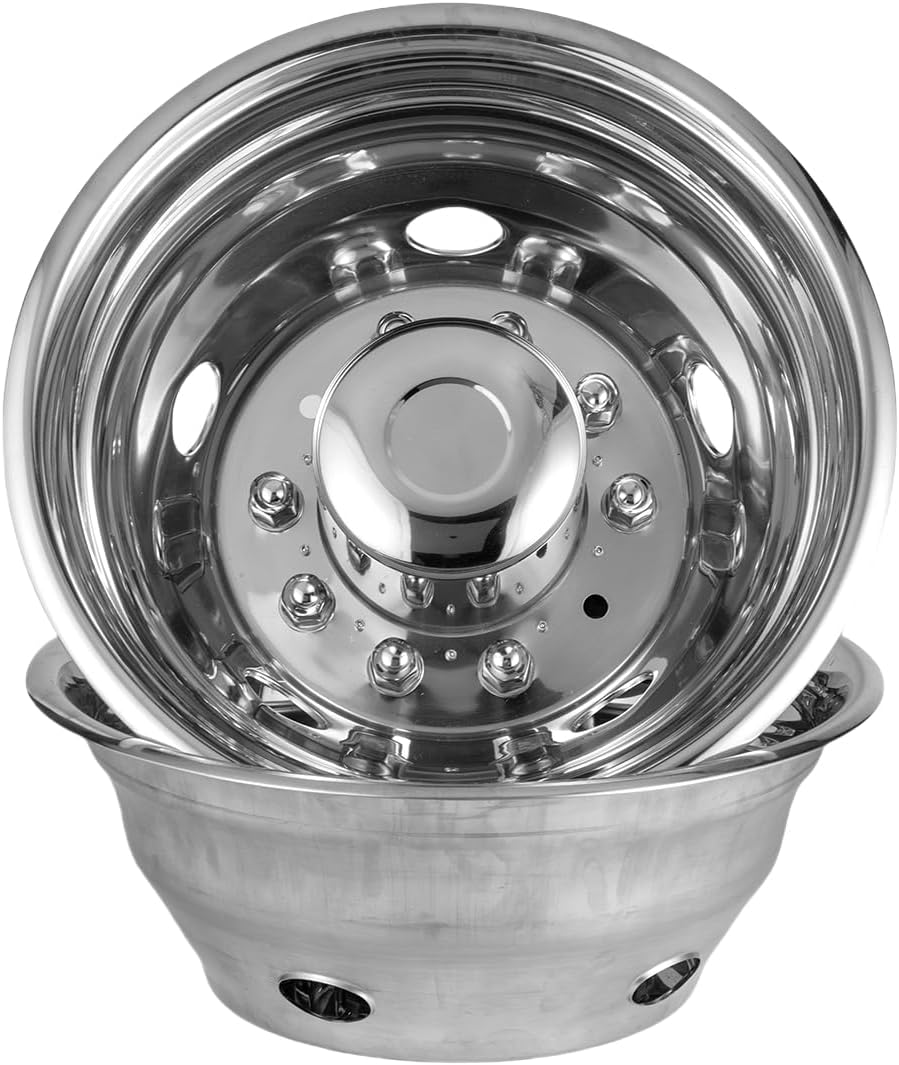 4pcs 19.5 inches Wheel Simulators Fit for 2012-2025 Dodge Ram 4500/5500, Polished Stainless Steel Dually Hubcaps, 10-Lug 5-Hand Hole Bolt On Wheel Covers with Installation Tool D19F6