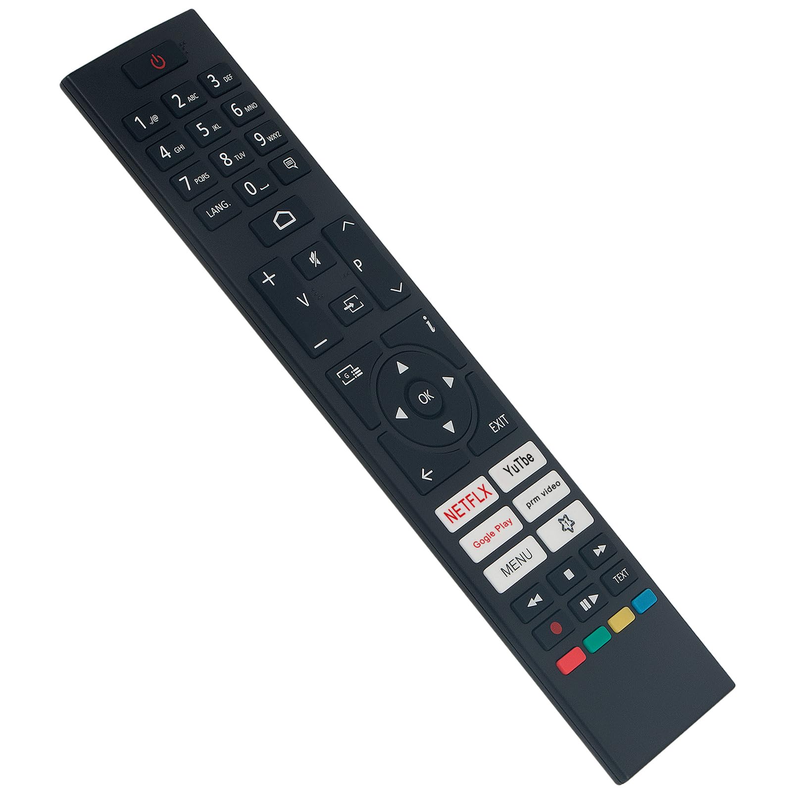 Přední view of the VINABTY universal remote control with all buttons clearly visible and dimensions indicated.