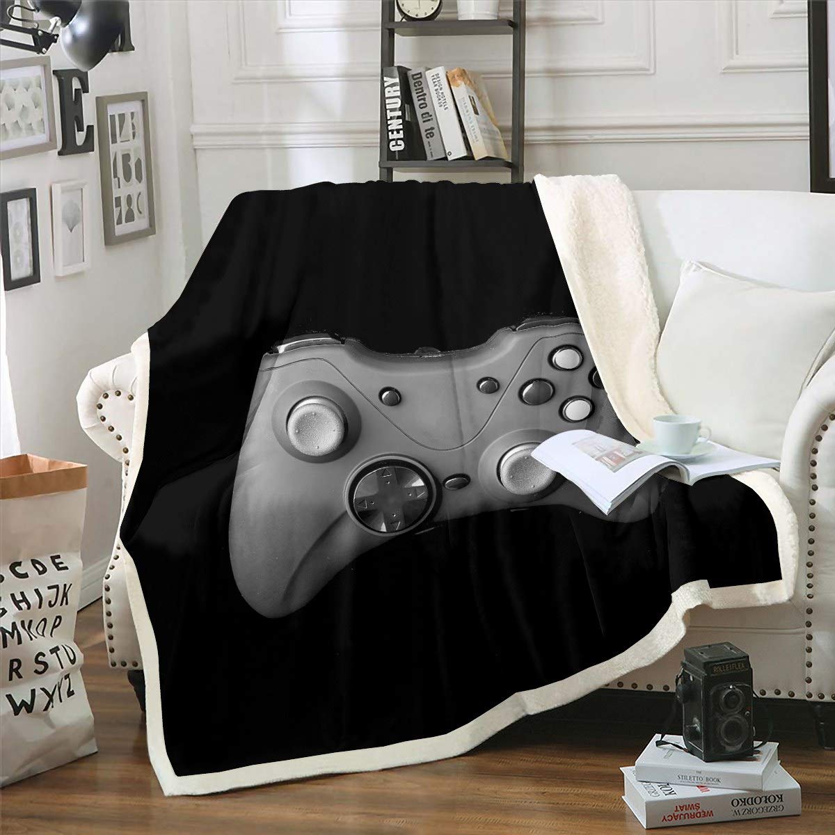 Loussiesd Coperta Sherpa Games Coperte in Pile Gamer Bambini Ragazzi Adolescenti Videogiochi Gamepad Novità Controller di Gioco Moderno CCCCCs, Decorazione Camera King 221 x 238,8 cm, Nero