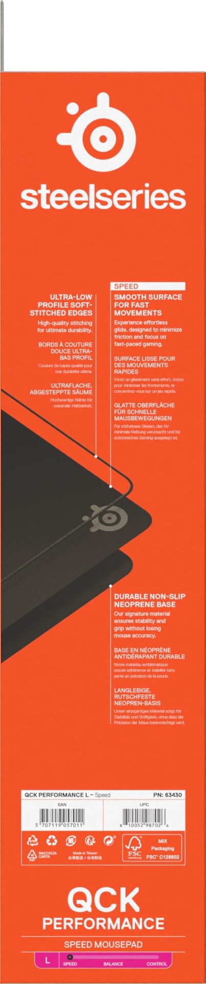 SteelSeries, podkładka QcK L Performance Speed - Dodatkowa gęstość dająca poślizg - Niskoprofilowe przeszycia krawędzi - Antypoślizgowa podstawa z neoprenu - Rozm. 490 x 420 mm - FPS, MOBA, RTS, MMO