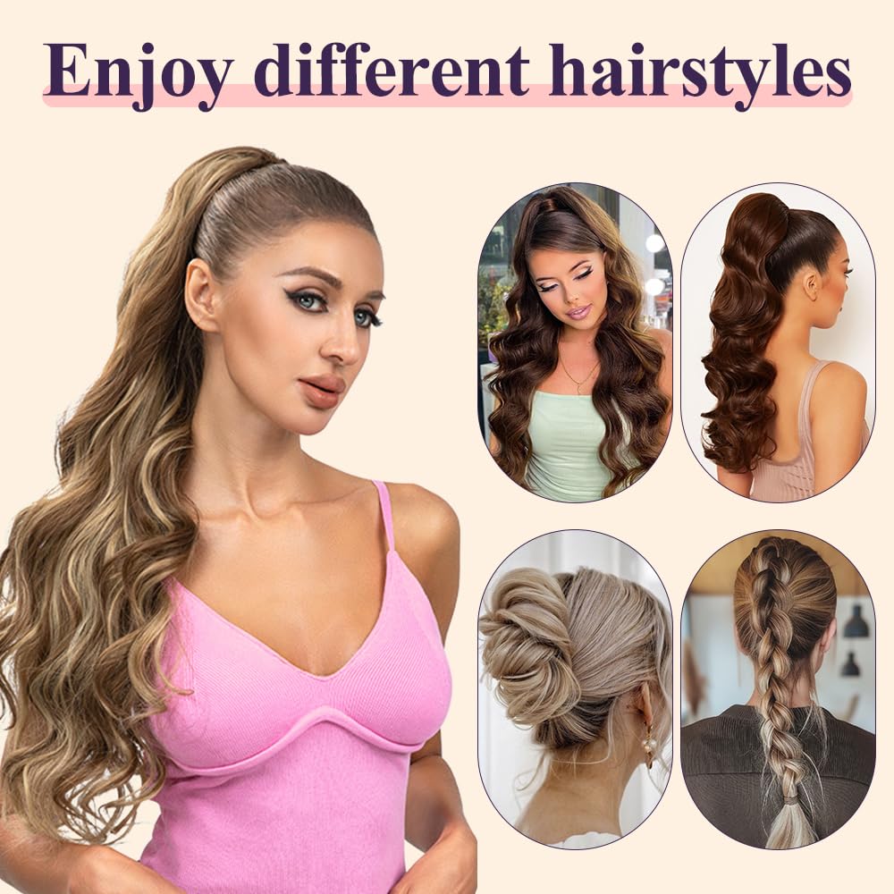 20inch Ponytail Extension, Drawstring Ponytail Hair, Blonde Highlights, Natural Long Curly Wave Layered Synthetic Pony Tails - Image 2