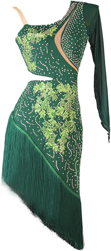 Robe De Danse Latine Femme Asymétrique - Manches Longues Avec Strass - Pour Salsa, Tango, Rumba, Compétition - Tissu Polyester/Maille Confortable