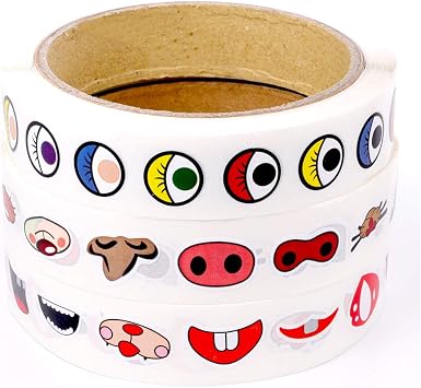KINMAD Mini Colorful Cute Cartoon Eye/Nose/Mouth Decal Stickers for Coloring Book Decor Party Favor, Cute Eyes Self Adhesive Stickers Label for Handmade Projects -3 Rolls/3000pcs