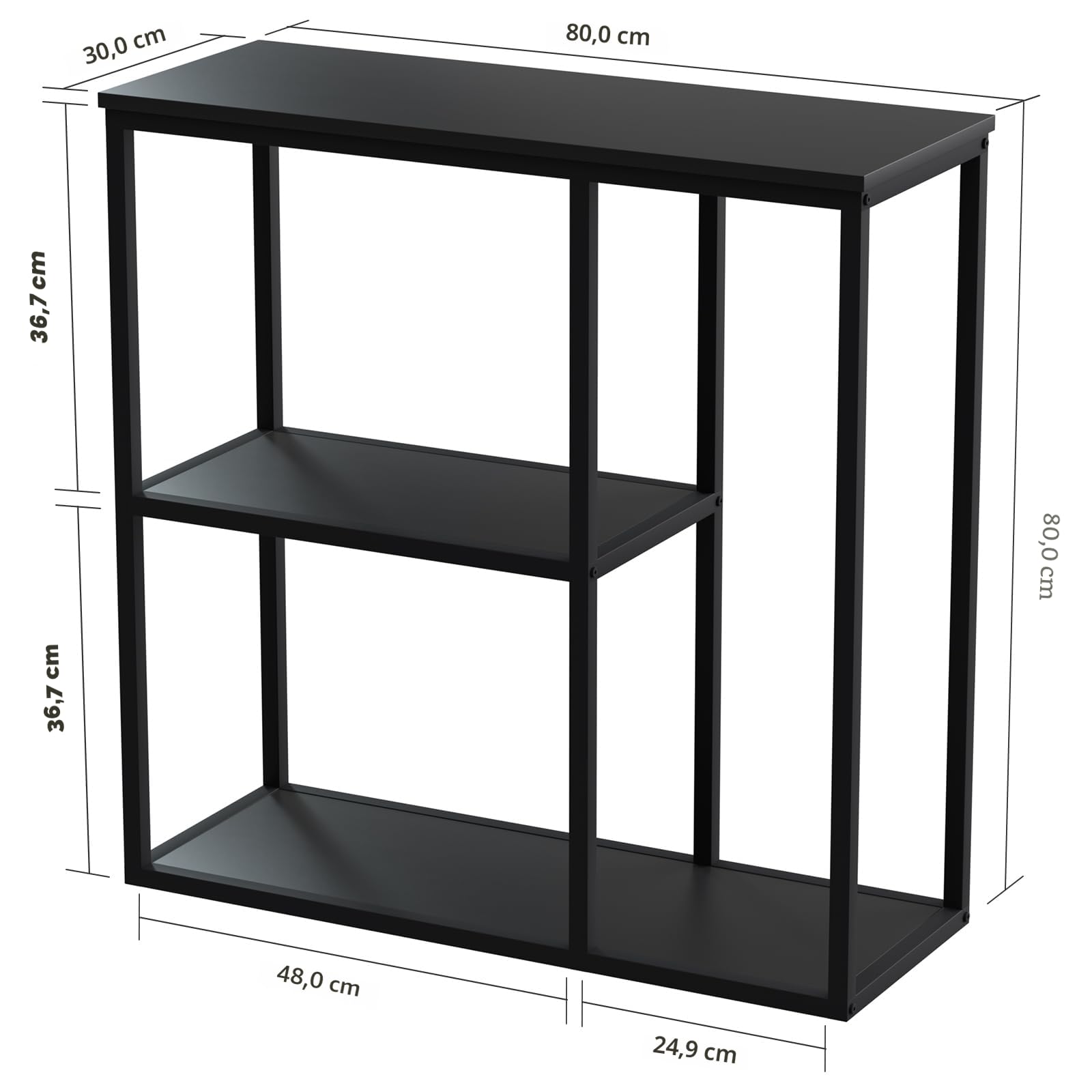 WOHOMO Konsolentisch, 30 cm, schmaler Eingangstisch für Wohnzimmer, 80 x 80 cm, schwarzer industrieller Sofatisch mit 3 Ebenen, Aufbewahrungsregalen für Flur, Flur, Schwarz