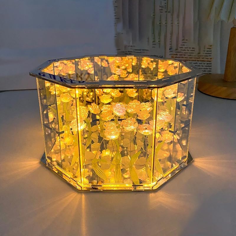 HENIRAG Tulip Mirror Octagon Night Light 2-in-1 Mirror and Decorative Light Bedroom Living Room Tabletop Decoration Unlimited Mirror Effect Gift Gifts for Women and Girl(Design-1)