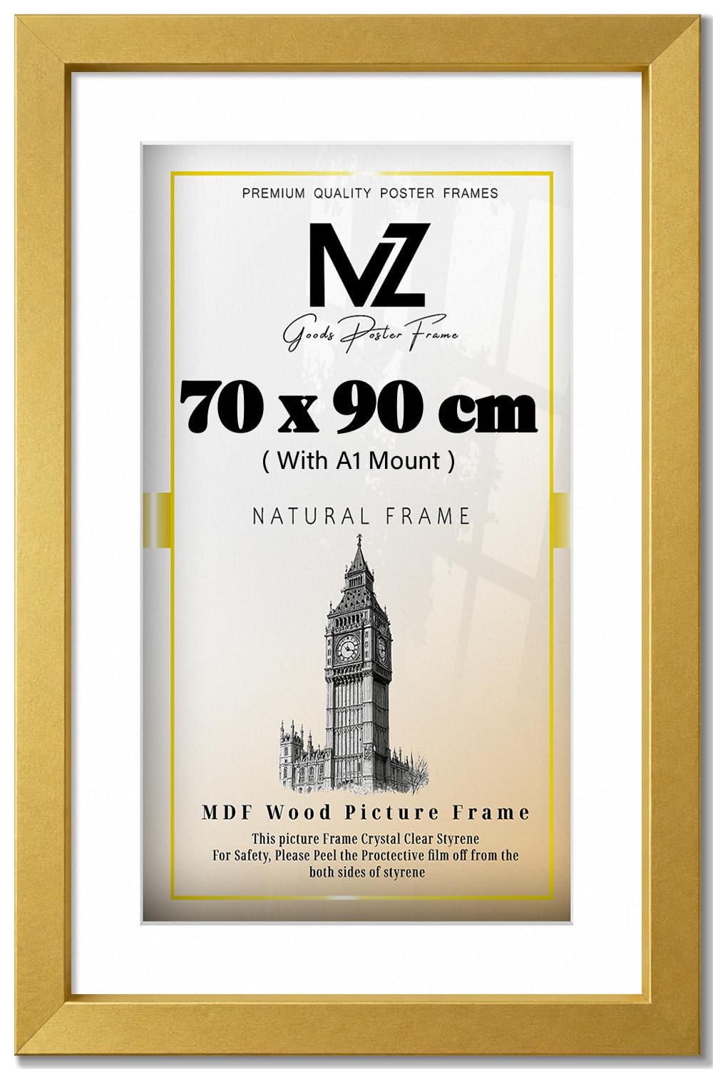MZ GOODS | Large 2' 11" x 2' 4" Gold Poster Frame (90 x 70 cm) with A1-(59.40 x 84.10 cm) White Mount - House Decoration 36 x 28 Inch [ Gold ]