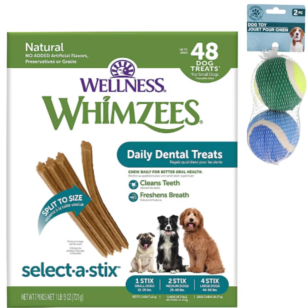 Whim-zees Select A Stix Dog Treats, 48 Count + Tennis Ball Dog Toys