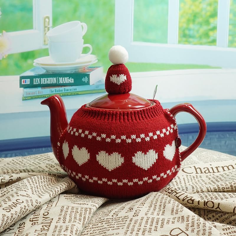 Image of British Hand Knit Teapot Cosy, Detachable Lid & Body Acrylic Insulated Sleeve with Buttons, Thermal Cover for 4 Cup 34-40oz Teapots, Hot & Cold Retention, 4 Styles Option，red