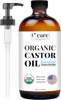 Castor Oil 100% Pure Organic Cold Pressed Unrefined Glass Bottle With Pump | USDA Certified Organic | Hexane Free Extra Virgin | For Hair Growth Eyebrows Eyelashes Skin and Castor Oil Pack Wrap | 16oz