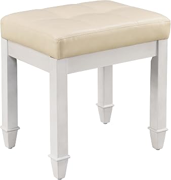 Vanity Stool Upholstered Bench for Makeup Room, Makeup Dressing Bench with Pu Upholstered Seat for Bedroom, Piano Stool with Wood Leg, Easy Assembly Antique White Leg & BeigeSeat FD2405PBG