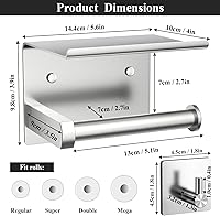 Vista 53 de Tindbea Toilet Paper Holder with Phone Shelf + Towel Robe Hooks, Adhesive or Screw Wall Mounted Toilet Paper Roll Storage, Stainless Steel Bathroom