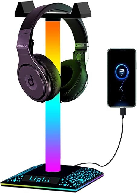 Headphone Stand Gaming Headset Holder with Dreamcolor RGB Light USB Charging Port,Headset Holder Hanger Base for Gamers Desktop Table Game Earphone Accessories