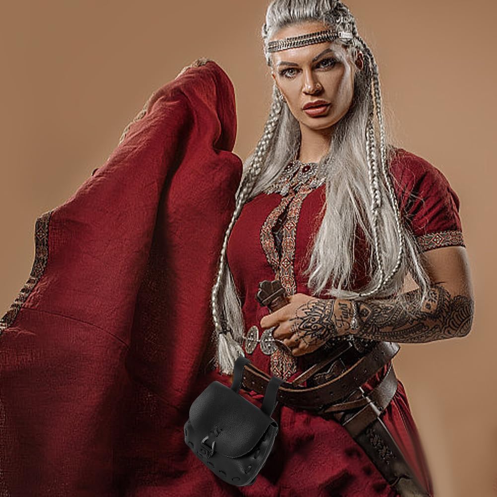 PU Leather Medieval Waist Bag Vintage Belt Pouch Handmade Portable Black Renaissance Side Pack for Women Men SCA Renaissance LARP Reenactment & Ren Fair Halloween Costume Accessories - Image 4