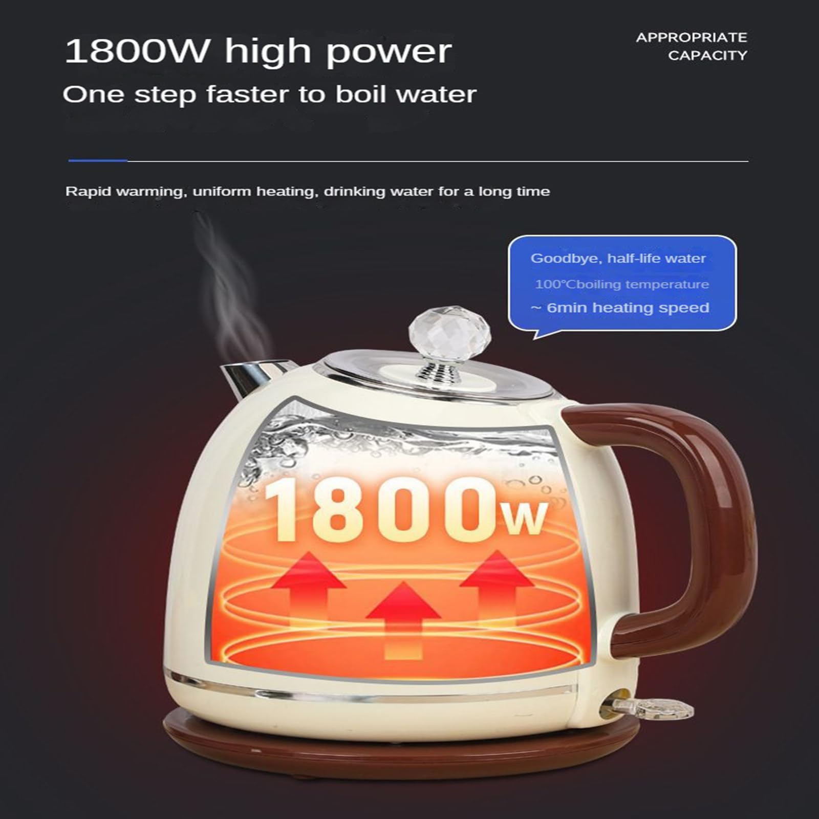 Bollitore Elettrico Domestico antiscottatura a Doppio Strato da 1,8 Litri, Rivestimento in Acciaio Inossidabile 304, spegnimento Automatico, Protezione con Fusibile ad Alta Temperatura,Beige