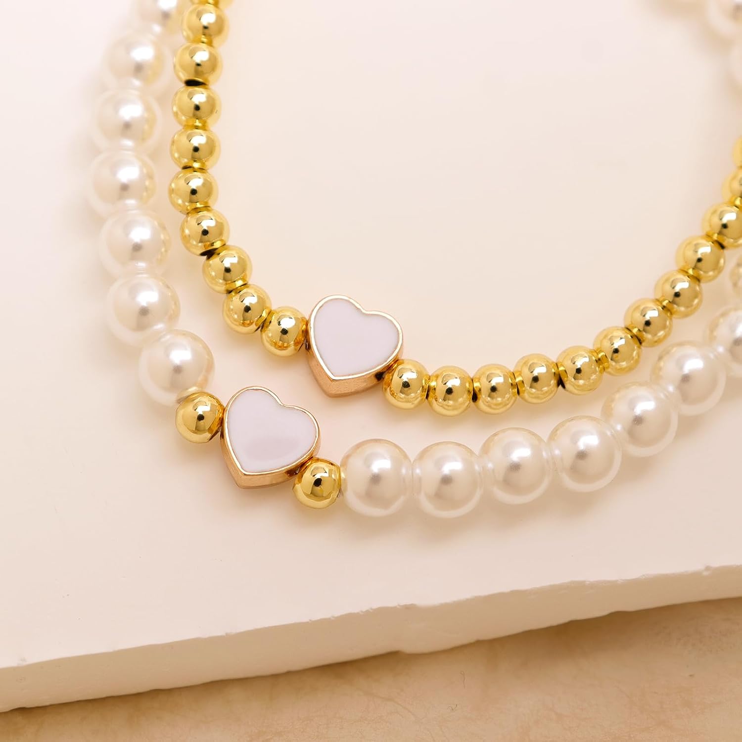 White Ball Beaded Heart Stack Bracelets Set for Women, 2Pcs Boho Handmade Gold Beads Pearl Stackable Stretch Fashion Jewelry Gift. - Image 4