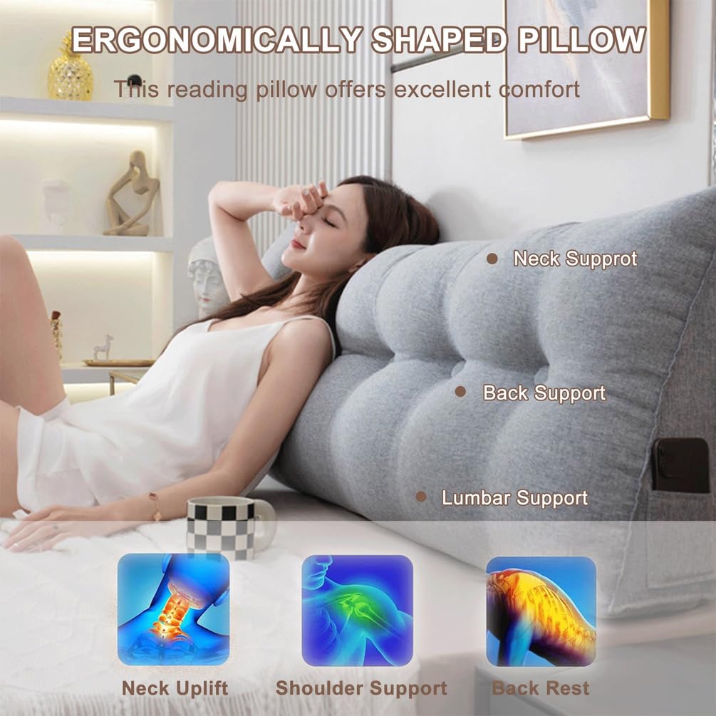 Generisch Keilförmiges Kopfteilkissen Für Doppelbett Und Einzelbett, Großes Keilkissen Zur Lendenwirbelstütze Mit Tasche, Lesekissen Mit Gewaschener Baumwolle, Für Bett,Tatami,Dark Gray,150x50x20cm