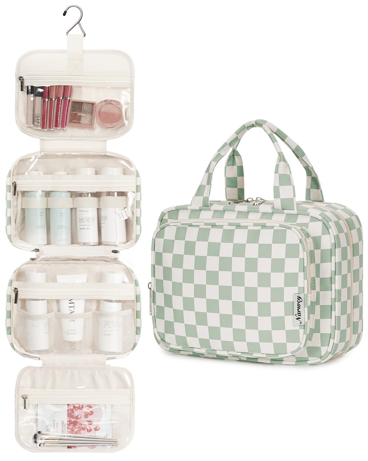 Narwey Checkered Hanging Travel Toiletry Bag for Women Wash Bag Cosmetics Makeup Bag Organizer for Travel Size Accessories(Checkerboard Mint Green (Medium)) - 2
