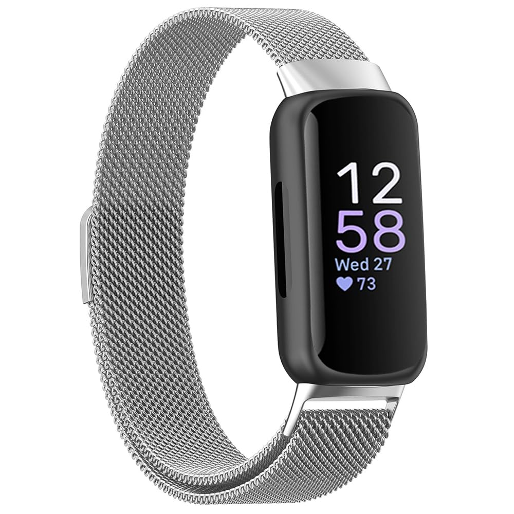 Moydolo Stainless Steel Metal Mesh Loop Adjustable Replacement Wristband Band Compatible with Fitbit Inspire 3 Straps - Silver