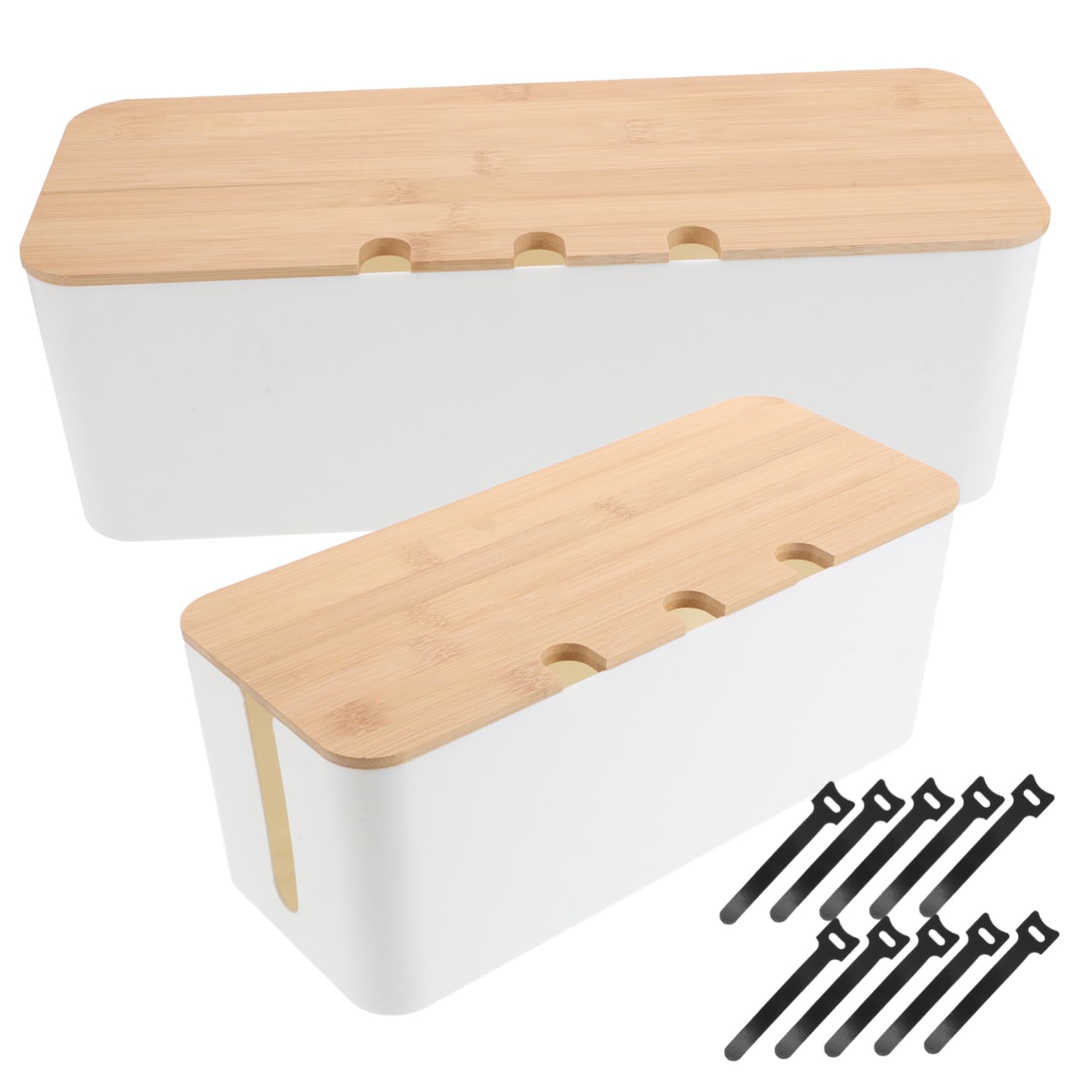 Caja de Gestión de Cables de Plástico con Orificios y Tapa de Madera | 1 Juego, Diseño Multifuncional para Oficina y Hogar, Acceso Cómodo al Cableado, Organiza Varios Dispositivos