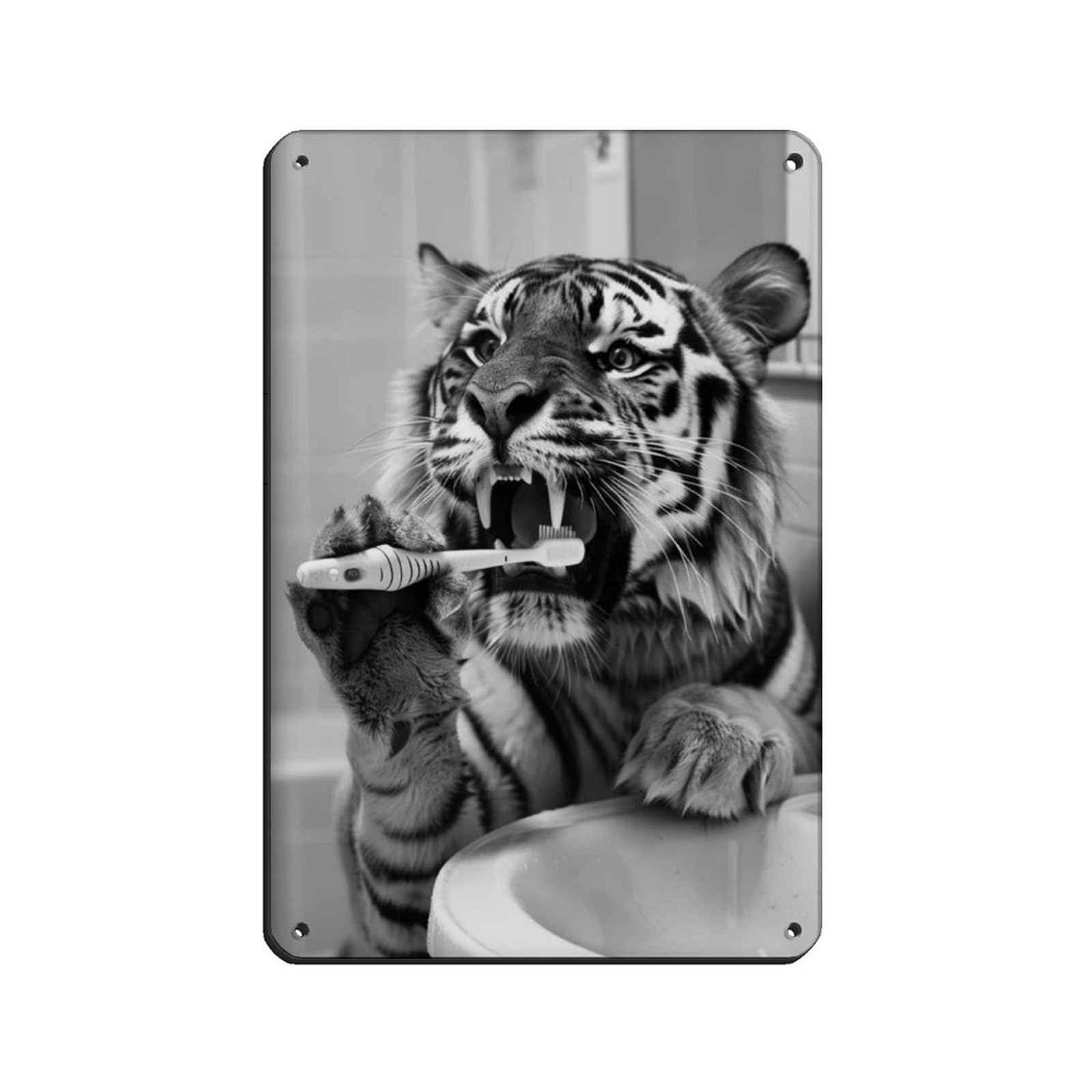 Funny Bathroom Art, Tiger Brushing Teeth Tin Sign Vintage Metal Pub Club Cafe Bar Home Wall Art Decoration Poster Retro 8x12inch(20x30cm)