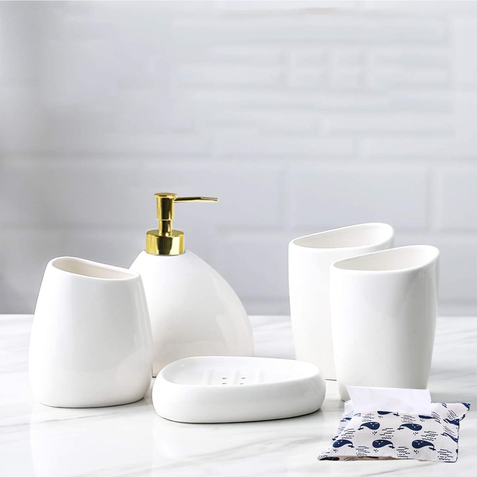 IS MUHE White Bathroom Accessories Set Complete, 5 Pcs Ceramic Bathroom Counter Vanity Sets - Bathroom Soap Dispenser and Toothbrush Holder Set, 2 Tumbler, Soap Dish (silvery) (Golden)