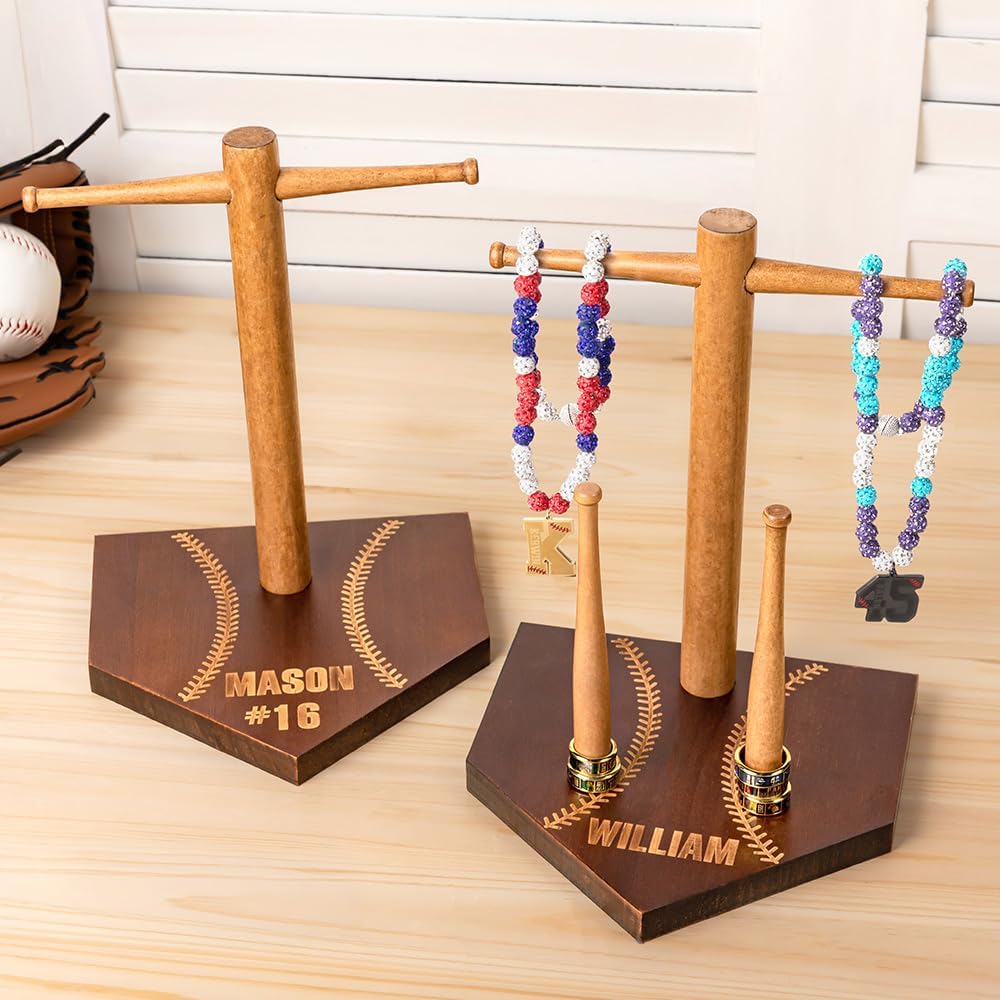 Custom Name Baseball Drip Necklace Stand Championship Ring Holder Personalized Number Softball Baseball Necklace Wooden Stand Display Organizer for Baseball Accessories Room Decor Gifts for Boys