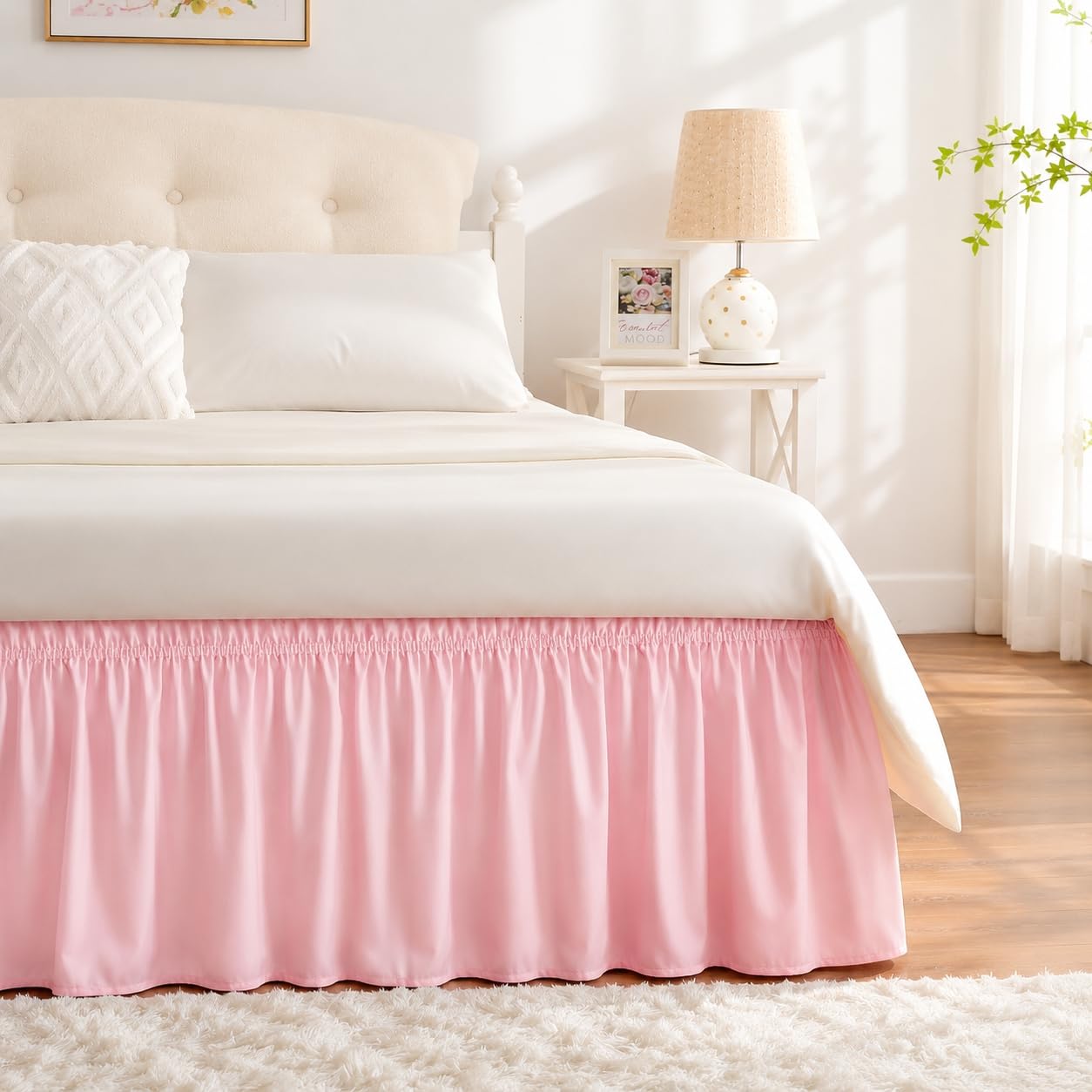 Pink Bed Skirt Twin Size 15 Inch Drop, Elastic Wrap Around Bedskirt