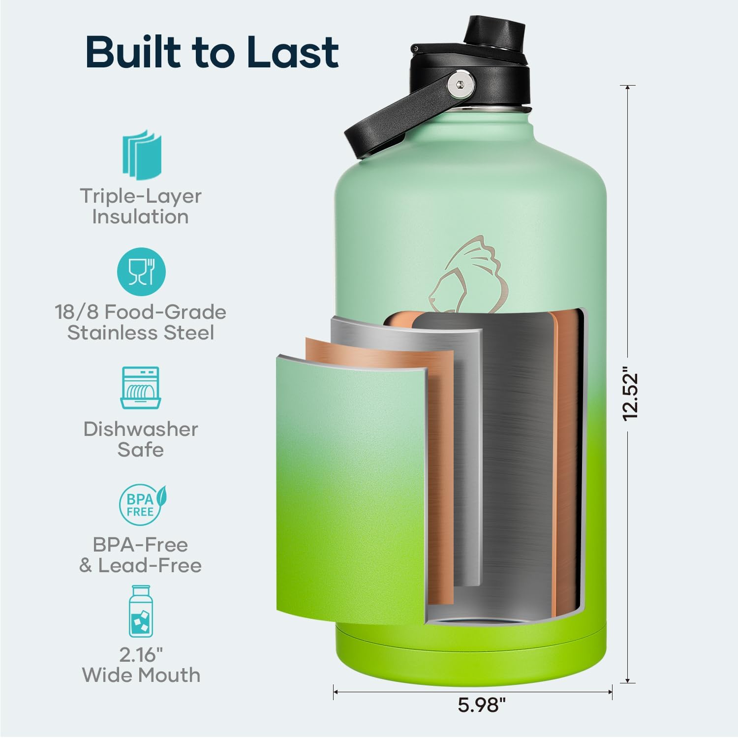 BUZIO 128oz Gallon Water Bottle, Insulated Water Jug with Straw Lid and Carrying Sleeve (Cold for 48 Hrs) Stainless Steel Hydro Metal Canteen Water Flask, Gradient Green - Image 4