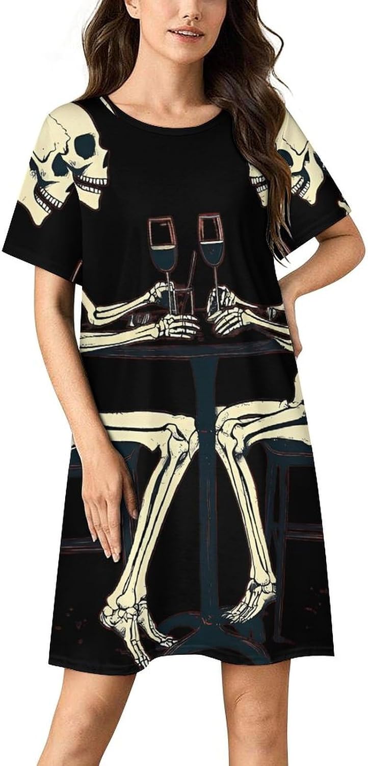 Two Skeletons in Drink Nightgowns for Women Short Sleeve Sleep Dress Casual Sleepshirt Night Gowns Pajamas
