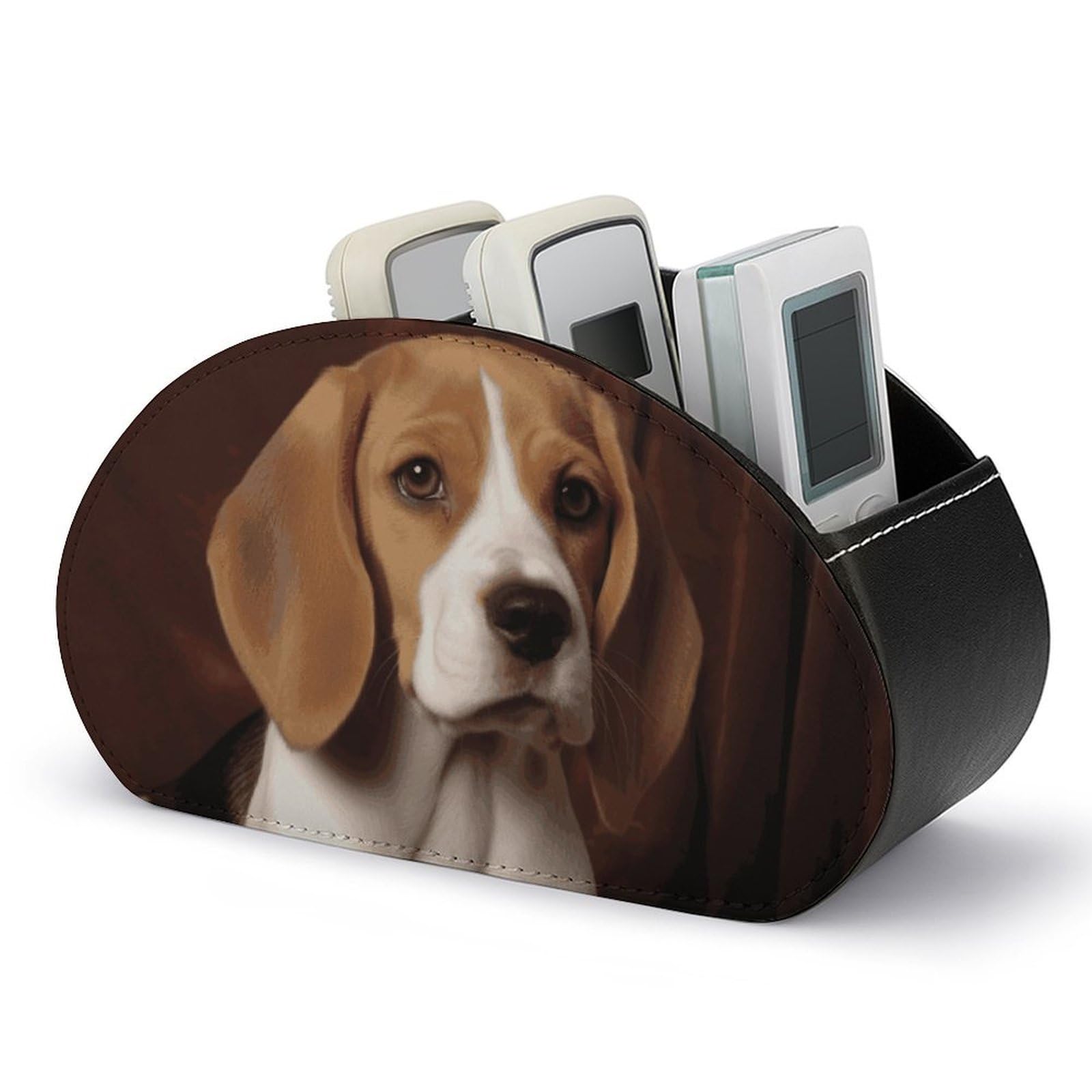 JTREHY Ovely Pet Dog Beagle Remote Control Holder with 5 Compartments Pu Leather Remote Caddy Box Multi-functional Deskt Holders Organizer Box Tray Bedside Table Storage Organizer